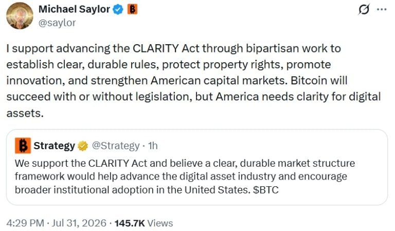 Saylor and Strategy Officially Back CLARITY Act for US Crypto